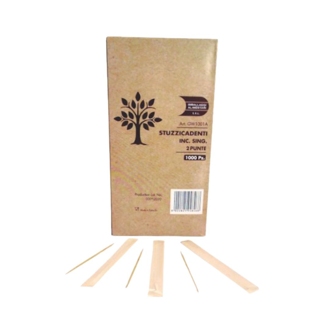 Stuzzicadenti in Legno Monouso 2 Punte Incartato Singolarmente 20.000 pz